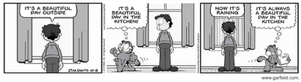 Tira do Garfield em três quadrinhos, em preto e branco. Jon, junto à janela: "It’s a beautiful day outside". Garfield pensa: "It’s a beautiful day in the kitchen!". No terceiro quadrinho Jon observa: "Now it’s raining", e Garfield responde em pensamento: "It’s always a beautiful day in the kitchen". [Assinatura de Jim Davis, a data 10-8 e o endereço www.garfield.com no rodapé.]