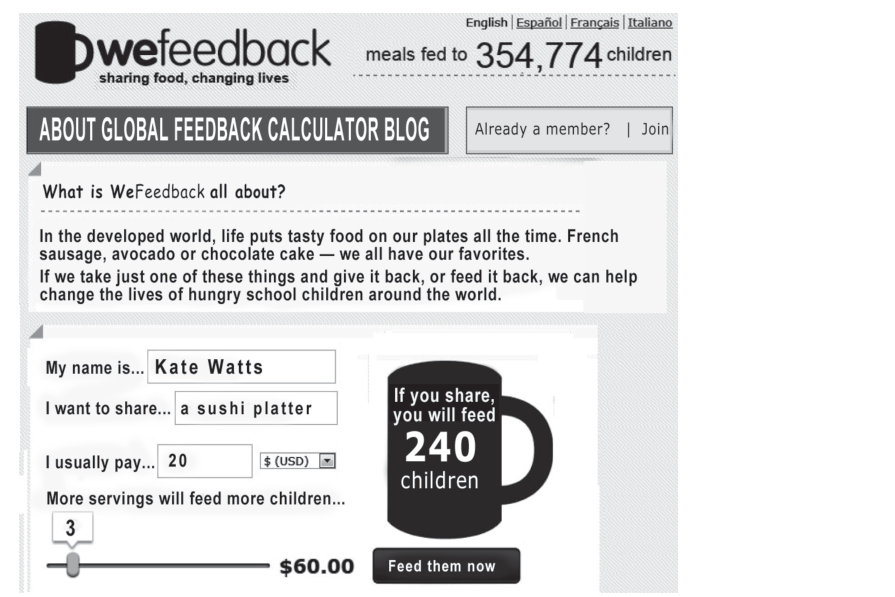 Captura de tela do site WeFeedback. No topo, o logotipo "wefeedback — sharing food, changing lives" (compartilhando comida, mudando vidas), o contador "meals fed to 354,774 children" (refeições servidas a 354.774 crianças), opções de idioma (English, Español, Français, Italiano), o menu "About | Global FeedBack | Calculator | Blog" e os links "Already a member?" (Já é membro?) e "Join" (Cadastre-se). Em seguida, a seção "What is WeFeedback all about?" (Do que trata o WeFeedback?) traz o texto: "In the developed world, life puts tasty food on our plates all the time. French sausage, avocado or chocolate cake — we all have our favorites. If we take just one of these things and give it back, or feed it back, we can help change the lives of hungry school children around the world." (No mundo desenvolvido, a vida põe comida saborosa em nossos pratos o tempo todo. Salsicha francesa, abacate ou bolo de chocolate — todos temos nossos favoritos. Se pegarmos apenas uma dessas coisas e devolvermos seu valor, podemos ajudar a mudar a vida de crianças em idade escolar que passam fome ao redor do mundo.). Abaixo, um formulário preenchido: "My name is... Kate Watts" (Meu nome é... Kate Watts), "I want to share... a sushi platter" (Quero compartilhar... uma travessa de sushi), "I usually pay... 20 $ (USD)" (Costumo pagar... 20 dólares), "More servings will feed more children... 3" (Mais porções alimentarão mais crianças... 3), com um controle deslizante indicando o total de "$60.00". À direita, o desenho de uma caneca com o texto "If you share, you will feed 240 children" (Se você compartilhar, alimentará 240 crianças) e, abaixo, o botão "Feed them now" (Alimente-as agora).