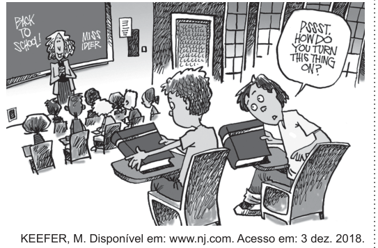 Cartum em preto e branco de M. Keefer mostrando uma sala de aula no primeiro dia de aula: no quadro-negro lê-se "Back to school!" (De volta às aulas!) e a professora, identificada como "Miss Idler", está de pé ao lado dele. Os alunos estão sentados em suas carteiras segurando livros impressos. Em destaque, um garoto vira-se para o colega ao lado, segurando um livro fechado como se fosse um aparelho, e cochicha em um balão de fala: "PSSST. HOW DO YOU TURN THIS THING ON?" (Psiu! Como é que se liga essa coisa?).