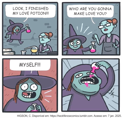 História em quadrinhos de C. Higson (Heck If I Know Comics) em quatro quadros. Quadro 1: uma bruxa de pele verde e chapéu pontudo ergue um frasco cor-de-rosa e comemora: "Look, I finished my love potion!!!" (Olha, terminei minha poção do amor!!!). Quadro 2: outra mulher, de óculos e avental, pergunta: "Who are you gonna make love you?" (Quem você vai fazer te amar?). Quadro 3: a bruxa, em close e sorrindo, responde: "MYSELF!!!" (EU MESMA!!!). Quadro 4: a bruxa vira o frasco e bebe toda a poção, derramando gotas cor-de-rosa. Crédito visível: "HIGSON, C. Disponível em: https://heckfiknowcomics.tumblr.com. Acesso em: 7 jan. 2025."
