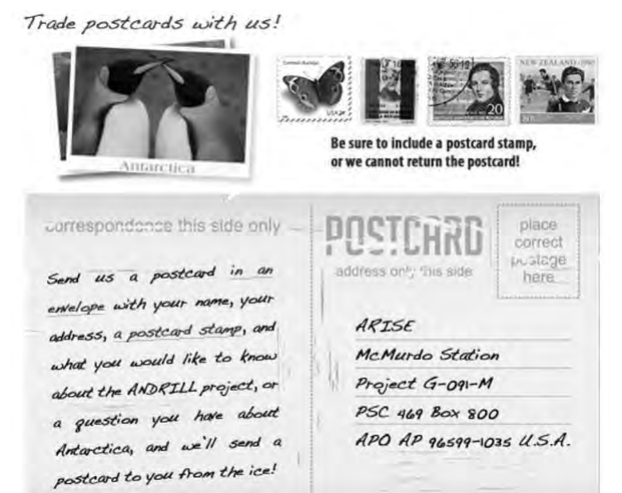 Cartão-postal do projeto ANDRILL com o título manuscrito 'Trade postcards with us!' (Troque cartões-postais conosco!). No alto, à esquerda, há uma foto de dois pinguins com a legenda 'Antarctica'; ao lado, quatro selos postais e o aviso 'Be sure to include a postcard stamp, or we cannot return the postcard!' (Não se esqueça de incluir um selo postal, ou não poderemos retribuir o cartão!). Abaixo, aparece o verso de um cartão-postal com a indicação 'correspondence this side only' (correspondência somente deste lado) e o texto manuscrito: 'Send us a postcard in an envelope with your name, your address, a postcard stamp, and what you would like to know about the ANDRILL project, or a question you have about Antarctica, and we'll send a postcard to you from the ice!' (Envie-nos um cartão-postal em um envelope com seu nome, seu endereço, um selo postal e o que você gostaria de saber sobre o projeto ANDRILL, ou uma pergunta que você tenha sobre a Antártica, e nós enviaremos um cartão-postal para você direto do gelo!). No campo de endereço lê-se: ARISE, McMurdo Station, Project G-091-M, PSC 469 Box 800, APO AP 96599-1035 U.S.A.