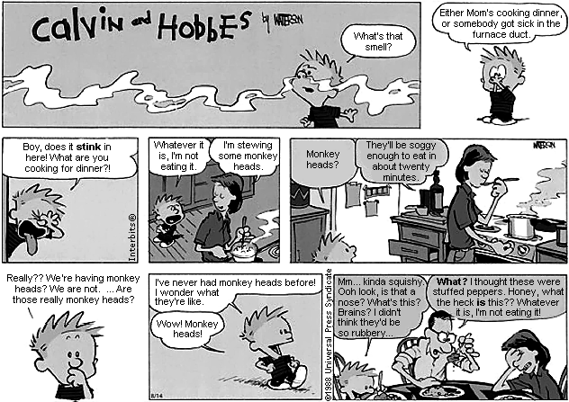 Página dominical de Calvin e Haroldo, sob o título "Calvin and Hobbes by Watterson", em oito quadrinhos. No primeiro, Calvin fareja o ar: "What’s that smell?". No segundo: "Either Mom’s cooking dinner, or somebody got sick in the furnace duct.". Em seguida, na cozinha: "Boy, does it stink in here! What are you cooking for dinner?!" e "Whatever it is, I’m not eating it.", ao que a mãe responde, mexendo a panela: "I’m stewing some monkey heads.". Calvin repete: "Monkey heads?", e ela completa: "They’ll be soggy enough to eat in about twenty minutes.". Depois, sozinho: "Really?? We’re having monkey heads? We are not. ... Are those really monkey heads?", e logo: "I’ve never had monkey heads before! I wonder what they’re like." e "Wow! Monkey heads!". No último quadrinho, à mesa, ele experimenta: "Mm... kinda squishy? Ooh look, is that a nose? What’s this? Brains? I didn’t think they’d be so rubbery...", enquanto o pai reage: "What? I thought these were stuffed peppers. Honey, what the heck is this?? Whatever it is, I’m not eating it!". [Página em preto e branco, assinada por Watterson, com a data 8-14.]