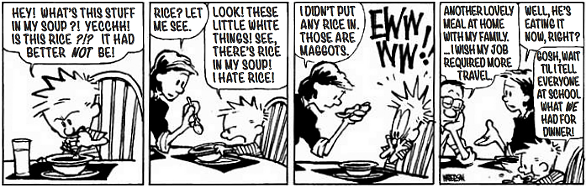 Tira de Calvin e Haroldo em seis quadrinhos. Calvin, diante do prato: "Hey! What’s this stuff in my soup?! Yecchh! Is this rice ?!? It had better not be!". A mãe pede: "Rice? Let me see.". Calvin insiste: "Look! These little white things! See, there’s rice in my soup! I hate rice!". A mãe responde: "I didn’t put any rice in. Those are maggots.", e Calvin grita: "Ewwww!". No quinto quadrinho o pai comenta: "Another lovely meal at home with my family... I wish my job required more travel.", e a mãe rebate: "Well, he’s eating it now, right?". No último, Calvin come satisfeito: "Gosh, wait til I tell everyone at school what we had for dinner!". [Tira em preto e branco, assinada por Watterson.]