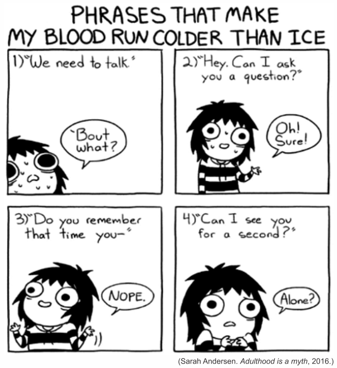 Tirinha em quatro quadros de Sarah Andersen com o título "Phrases that make my blood run colder than ice" (Frases que fazem meu sangue gelar mais que o gelo). Quadro 1: alguém diz "We need to talk." (Precisamos conversar.) e a garota, suando, pergunta "'Bout what?" (Sobre o quê?). Quadro 2: "Hey. Can I ask you a question?" (Ei, posso te fazer uma pergunta?) e ela, de olhos arregalados e suando, responde "Oh! Sure!" (Ah! Claro!). Quadro 3: "Do you remember that time you—" (Você lembra daquela vez que você—) e ela interrompe imediatamente com "NOPE." (Não.). Quadro 4: "Can I see you for a second?" (Posso falar com você um segundo?) e ela, com expressão apavorada e mãos juntas, pergunta "Alone?" (Sozinha?). Crédito visível: (Sarah Andersen. Adulthood is a myth, 2016.)
