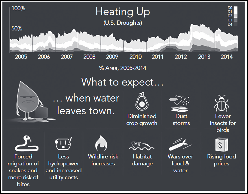 Infográfico em tons de cinza-escuro intitulado "Heating Up (U.S. Droughts)" (Esquentando — Secas nos EUA). No topo, um gráfico de área mostra o percentual de área afetada por secas (% Area, 2005-2014), com escala de 50% e 100% e categorias de intensidade de seca de D0 a D4 indicadas na legenda; os picos mais altos aparecem por volta de 2012-2013. Abaixo, o título "What to expect... when water leaves town." (O que esperar... quando a água vai embora da cidade), ilustrado por uma gota d'água de expressão triste carregando uma maleta, como se estivesse partindo. Em seguida, uma grade de ícones lista as consequências esperadas: "Diminished crop growth" (redução do crescimento das lavouras), "Dust storms" (tempestades de poeira), "Fewer insects for birds" (menos insetos para os pássaros), "Forced migration of snakes and more risk of bites" (migração forçada de cobras e mais risco de picadas), "Less hydropower and increased utility costs" (menos energia hidrelétrica e aumento das contas), "Wildfire risk increases" (aumento do risco de incêndios florestais), "Habitat damage" (danos ao habitat), "Wars over food & water" (guerras por comida e água) e "Rising food prices" (aumento dos preços dos alimentos).