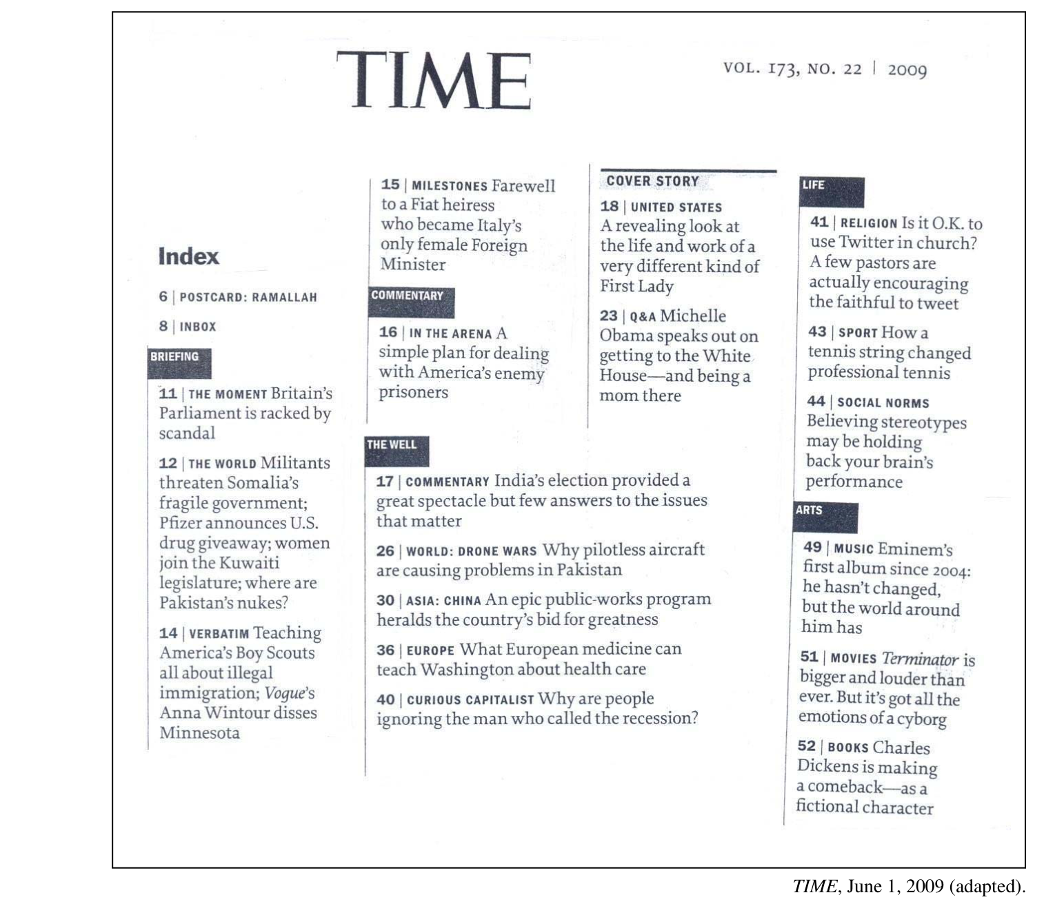 As questões 1 a 3 referem-se ao índice da Revista TIME.

TIME — VOL. 173, NO. 22 | 2009

Index

6 | POSTCARD: RAMALLAH

8 | INBOX

BRIEFING

11 | THE MOMENT Britain's Parliament is racked by scandal

12 | THE WORLD Militants threaten Somalia's fragile government; Pfizer announces U.S. drug giveaway; women join the Kuwaiti legislature; where are Pakistan's nukes?

14 | VERBATIM Teaching America's Boy Scouts all about illegal immigration; Vogue's Anna Wintour disses Minnesota

15 | MILESTONES Farewell to a Fiat heiress who became Italy's only female Foreign Minister

COMMENTARY

16 | IN THE ARENA A simple plan for dealing with America's enemy prisoners

THE WELL

17 | COMMENTARY India's election provided a great spectacle but few answers to the issues that matter

26 | WORLD: DRONE WARS Why pilotless aircraft are causing problems in Pakistan

30 | ASIA: CHINA An epic public-works program heralds the country's bid for greatness

36 | EUROPE What European medicine can teach Washington about health care

40 | CURIOUS CAPITALIST Why are people ignoring the man who called the recession?

COVER STORY

18 | UNITED STATES A revealing look at the life and work of a very different kind of First Lady

23 | Q&A Michelle Obama speaks out on getting to the White House—and being a mom there

LIFE

41 | RELIGION Is it O.K. to use Twitter in church? A few pastors are actually encouraging the faithful to tweet

43 | SPORT How a tennis string changed professional tennis

44 | SOCIAL NORMS Believing stereotypes may be holding back your brain's performance

ARTS

49 | MUSIC Eminem's first album since 2004: he hasn't changed, but the world around him has

51 | MOVIES Terminator is bigger and louder than ever. But it's got all the emotions of a cyborg

52 | BOOKS Charles Dickens is making a comeback—as a fictional character

TIME, June 1, 2009 (adapted).

[Descrição visual: reprodução em preto e branco da página de sumário ("Index") da revista TIME, com o logotipo "TIME" no alto à esquerda e, à direita, a linha "VOL. 173, NO. 22 | 2009". O conteúdo está distribuído em quatro colunas separadas por filetes verticais. As seções (BRIEFING, COMMENTARY, THE WELL, COVER STORY, LIFE, ARTS) aparecem como etiquetas em caixa alta sobre tarja escura; cada chamada traz o número da página em negrito, seguido de barra vertical, o rótulo da editoria em versalete e a chamada em si. A coluna "COVER STORY" está destacada por um filete horizontal grosso acima da etiqueta. Todo o índice está emoldurado por um retângulo de borda fina na página da prova.]