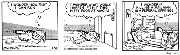 Tira do Garfield em três quadrinhos, em preto e branco. No primeiro, o gato está deitado no chão e pensa: "I wonder how fast I can run". No segundo, já em disparada pelo corredor, olha para a portinhola: "I wonder what would happen if I hit this kitty door at Mach 2". No terceiro, caído entre a porta arrombada e a correspondência espalhada, com o carteiro estatelado ao lado, conclui: "I wonder if killing a mailman is a federal offense". [Assinatura de Jim Davis e a data 1-30.]