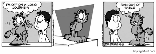 Tira do Garfield em três quadrinhos, em preto e branco. No primeiro, o gato se despede de Jon com os braços erguidos: "I’m off on a long journey!". No segundo, aparece sozinho caminhando sobre a mesa, com a própria sombra projetada atrás. No terceiro, já de volta ao lado de Jon, resume: "Ran out of table". [Assinatura de Jim Davis, a data 9-3 e o endereço http://garfield.com no rodapé.]