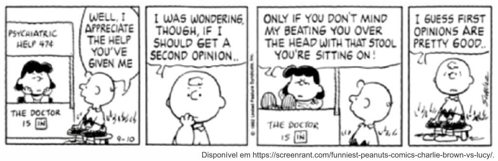 Tirinha de Peanuts, de Charles M. Schulz, em quatro quadrinhos, em preto e branco. No primeiro, Lucy atende em sua banquinha de conselhos com as placas "Psychiatric Help 47¢" (Ajuda psiquiátrica, 47 centavos) e "The doctor is in" (O doutor está atendendo); Charlie Brown, sentado em um banquinho, diz: "Well, I appreciate the help you've given me" (Bem, eu agradeço a ajuda que você me deu). No segundo quadrinho, Charlie Brown pondera, pensativo: "I was wondering, though, if I should get a second opinion.." (Mas eu estava me perguntando se eu deveria buscar uma segunda opinião..). No terceiro, Lucy responde: "Only if you don't mind my beating you over the head with that stool you're sitting on!" (Só se você não se importar que eu bata na sua cabeça com esse banquinho em que você está sentado!). No último quadrinho, Charlie Brown, sentado no banquinho e resignado, conclui: "I guess first opinions are pretty good.." (Acho que primeiras opiniões são bem boas..). Crédito visível: Disponível em https://screenrant.com/funniest-peanuts-comics-charlie-brown-vs-lucy/.