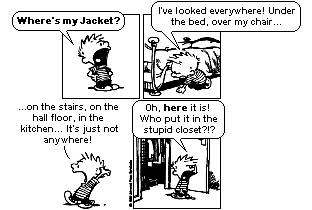 Tira de Calvin e Haroldo em quatro quadrinhos, em preto e branco. No primeiro, Calvin grita: "Where’s my jacket?". No segundo, revirando o quarto: "I’ve looked everywhere! Under the bed, over my chair...". No terceiro, de cabeça para baixo na escada: "...on the stairs, on the hall floor, in the kitchen... It’s just not anywhere!". No quarto, diante da porta aberta do armário: "Oh, here it is! Who put it in the stupid closet?!?". [Tira em preto e branco, assinada por Watterson.]