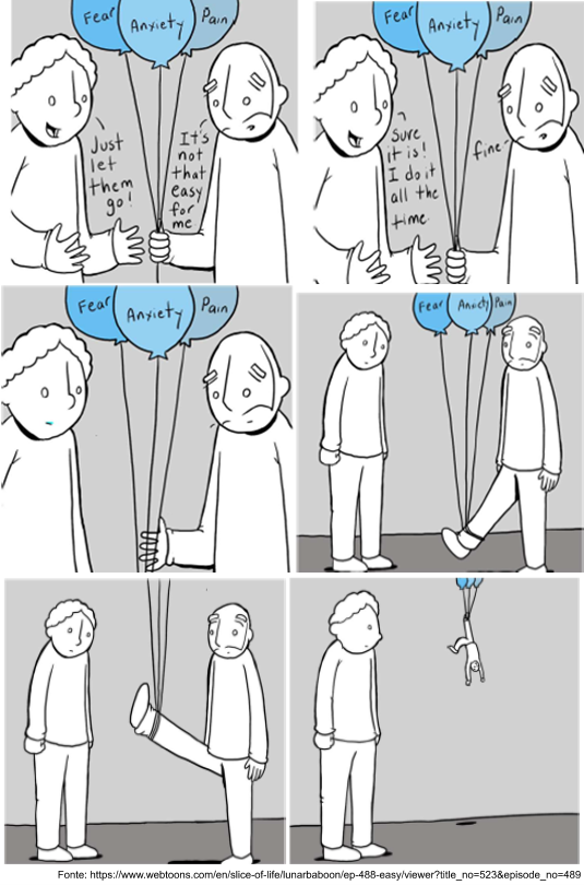 Tirinha em seis quadros do webcomic Lunarbaboon. Um homem de cabelo encaracolado conversa com um homem mais velho, calvo e de expressão aflita, que segura três balões azuis presos por cordões, rotulados "Fear" (medo), "Anxiety" (ansiedade) e "Pain" (dor). No primeiro quadro, o homem de cabelo encaracolado diz: "Just let them go!" (É só soltá-los!), e o homem calvo responde: "It's not that easy for me" (Não é tão fácil para mim). No segundo quadro, o primeiro insiste: "Sure it is! I do it all the time" (Claro que é! Eu faço isso o tempo todo), e o calvo cede: "fine" (tá bom). Nos quadros seguintes, os dois ficam em silêncio, cabisbaixos, com o homem calvo ainda agarrado aos balões; ele levanta uma perna do chão, sendo puxado para cima. Nos quadros finais, em vez de soltar os balões, o homem calvo é erguido por eles e sai voando, ficando pendurado nos cordões no alto do céu, enquanto o outro observa de baixo. No rodapé consta a fonte: https://www.webtoons.com/en/slice-of-life/lunarbaboon/ep-488-easy/viewer?title_no=523&episode_no=489