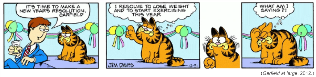 Tirinha de Garfield, de Jim Davis, ambientada em uma festa de Ano Novo com balões e serpentinas. Quadro 1 — Jon, segurando uma taça, diz: "It's time to make a New Year's resolution, Garfield" (É hora de fazer uma resolução de Ano Novo, Garfield). Quadro 2 — Garfield, com a pata erguida, pensa: "I resolve to lose weight and to start exercising this year" (Resolvo perder peso e começar a me exercitar este ano). Quadro 3 — Garfield faz uma careta de espanto. Quadro 4 — com a pata na cabeça e os olhos fechados, ele pensa: "What am I saying?!" (O que eu estou dizendo?!). Crédito visível: (Garfield at large, 2012.)