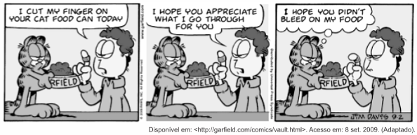Tira do Garfield em três quadrinhos, em preto e branco. Jon, de pé com o prato do gato nas mãos, conta: "I cut my finger on your cat food can today". No segundo: "I hope you appreciate what I go through for you". No terceiro, Garfield, ao lado do prato, responde: "I hope you didn’t bleed on my food". [Assinatura de Jim Davis e a data 9-2; abaixo, a linha de fonte garfield.com/comics/vault.html, acesso em 8 de setembro de 2009, adaptado.]