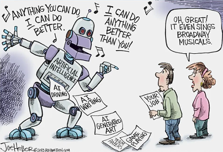 Cartum colorido de Joe Heller. Um grande robô rotulado 'ARTIFICIAL INTELLIGENCE' dança e canta, com notas musicais ao redor: 'Anything you can do I can do better. I can do anything better than you!' (Qualquer coisa que você faça, eu faço melhor. Eu posso fazer qualquer coisa melhor que você!). No corpo do robô e espalhadas pelo chão há placas com suas habilidades: 'AI driving' (direção por IA), 'AI writing' (escrita por IA), 'AI generated art' (arte gerada por IA), 'term papers' (trabalhos acadêmicos) e 'game playing' (jogos). À direita, um casal observa: o homem, cabisbaixo, segura um papel escrito 'YOUR JOB' (o seu emprego), e a mulher comenta com ironia: 'Oh, great! It even sings Broadway musicals.' (Ah, ótimo! Ele até canta musicais da Broadway.). Assinatura 'Joe Heller' e crédito '©2023 Hellertoon.com'.