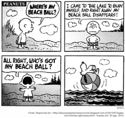 Tira do Peanuts em quatro quadrinhos, com o logotipo PEANUTS no primeiro. Charlie Brown, à beira do lago: "Where’s my beach ball?". Em seguida: "I came to the lake to enjoy myself, and right away my beach ball disappears!". No terceiro, uma menina de vestido escuro pergunta: "All right, who’s got my beach ball?". No quarto não há falas: a bola listrada boia na água com um bicho agarrado a ela. [Tira em preto e branco, assinada por Schulz, com a marca ©PNTS; abaixo, a linha de fonte educacaoparaviverreconviver.blogspot.com.br, acesso em 20 de agosto de 2014.]