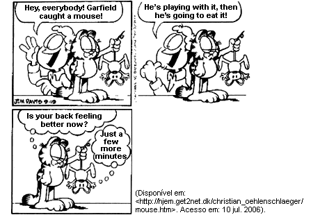 Tira do Garfield em três quadrinhos, em preto e branco. No primeiro, Jon anuncia de braços erguidos: "Hey, everybody! Garfield caught a mouse!", com o gato ao lado segurando o rato. No segundo, completa: "He’s playing with it, then he’s going to eat it!". No terceiro, os dois estão sozinhos: Garfield segura o rato pendurado de cabeça para baixo pelo rabo, com as patas abertas, e pensa: "Is your back feeling better now?", ao que o rato responde, também em pensamento: "Just a few more minutes". [Assinatura de Jim Davis e a data 9-19; abaixo, a linha de fonte hjem.get2net.dk, acesso em 10 de julho de 2006.]