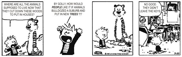 Tira de Calvin e Haroldo em quatro quadrinhos, em preto e branco. No primeiro, os dois estão diante de um terreno aberto, e Calvin pergunta: "Where are all the animals supposed to live now that they cut down these woods to put in houses?". No segundo, ele se exalta: "By golly, how would people like it if animals bulldozed a suburb and put in new trees?!?". No terceiro os dois ficam calados, olhando para a frente. No quarto, Haroldo aparece sentado ao volante de uma retroescavadeira e constata: "No good. They didn’t leave the keys.". [Assinatura de Watterson e a data 3-20.]